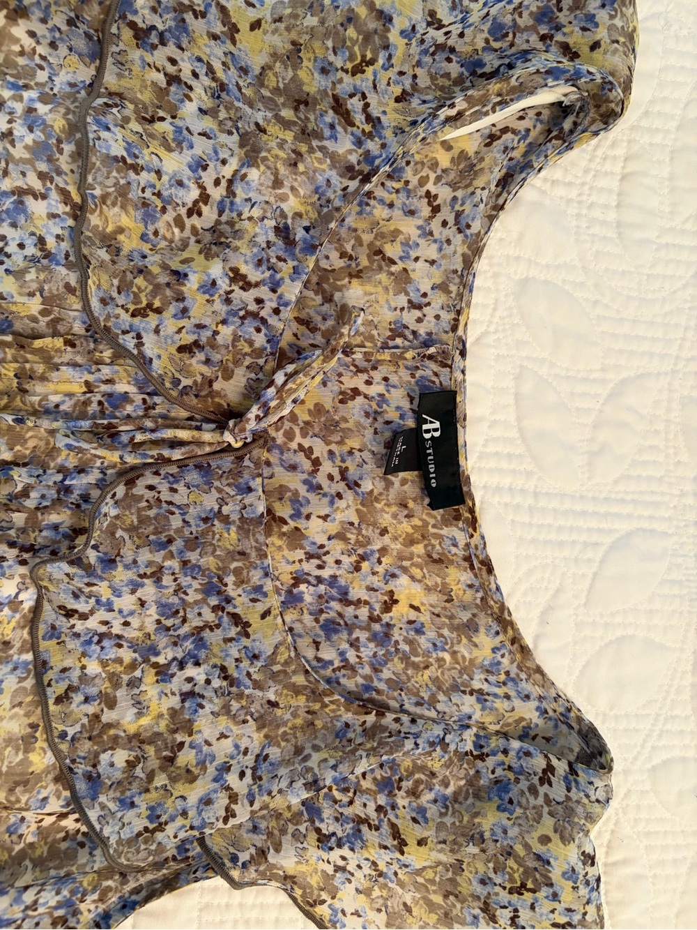 AB Studio Floral Tie-Neck Blouse in Blue, Brown, and Yellow - Picture 2 of 6